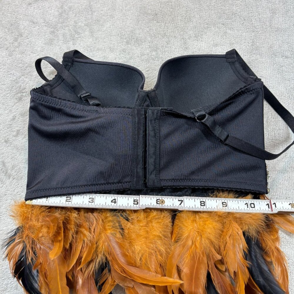 Bebe Feathers Crop Trim Bustier XS Black Brown Rhinestone Embellished Bralette - Picture 3 of 12